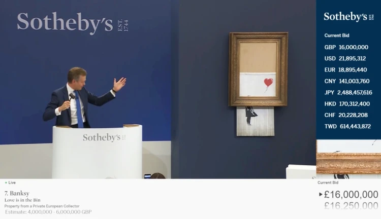 Aukce Banksyho díla Love Is In The Bin