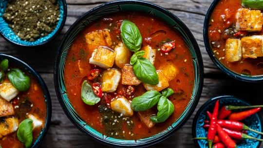 Vrzající polévka, co zahřeje. Uzená rajčatová s&nbsp;halloumi krutony, chilli &#038; zaatarem