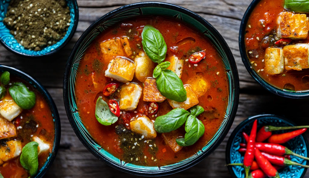 Vrzající polévka, co zahřeje. Uzená rajčatová s&nbsp;halloumi krutony, chilli &#038; zaatarem