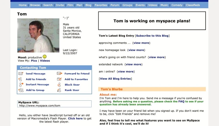 Úvodní stránka Myspace